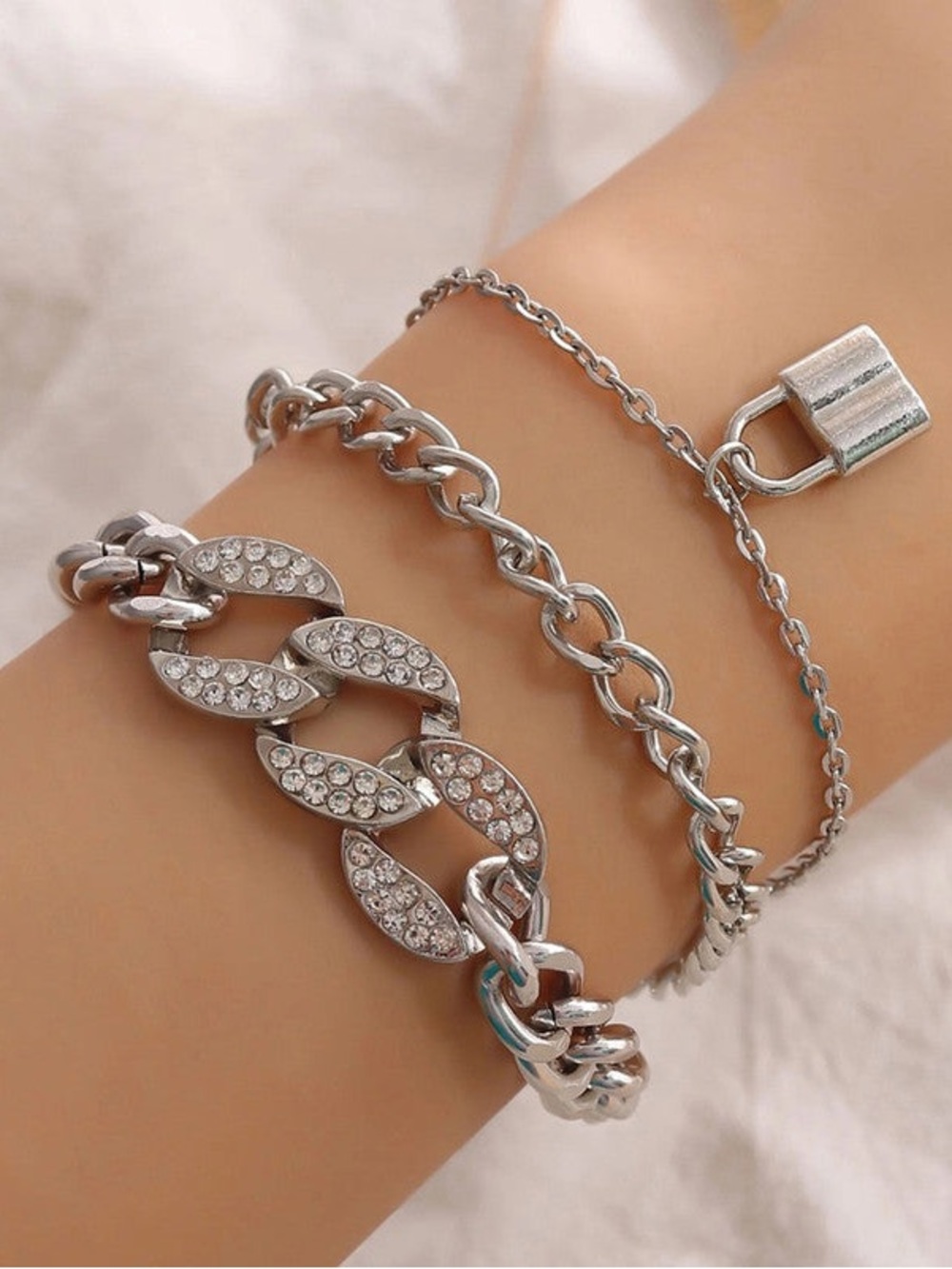 Silver rhinestone Pavé Curb Chain layered Bracelet